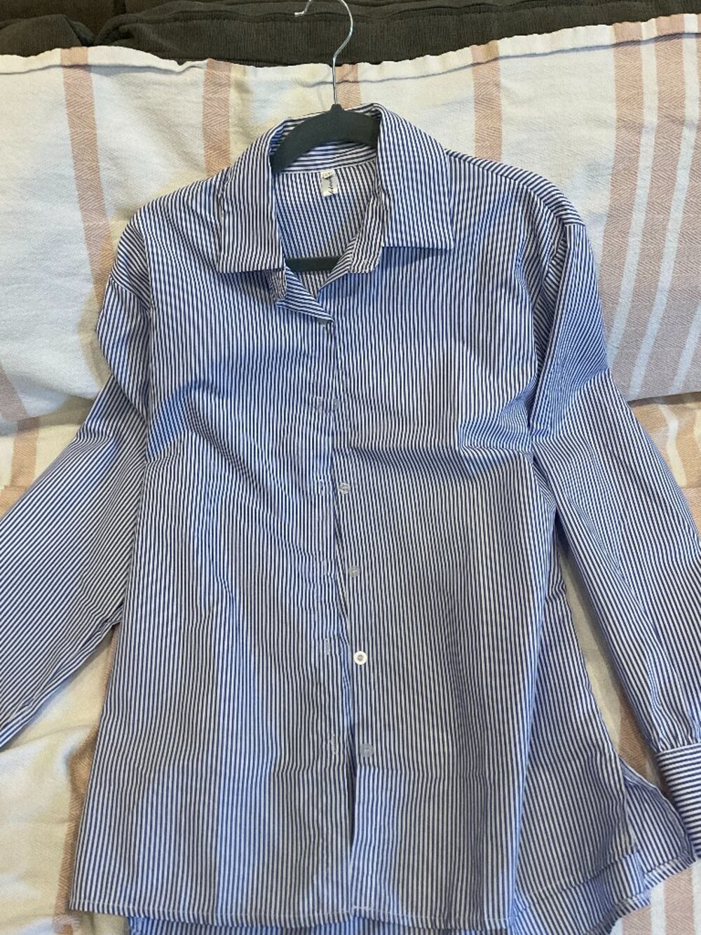 Blue & White Pinstripe Oversized Long Sleeve Button-Down Shirt | 2XL